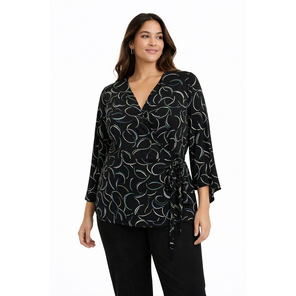 Lane Bryant Black Belted Wrap Top Blouse Shirt with Abstract Pattern Size 18/20